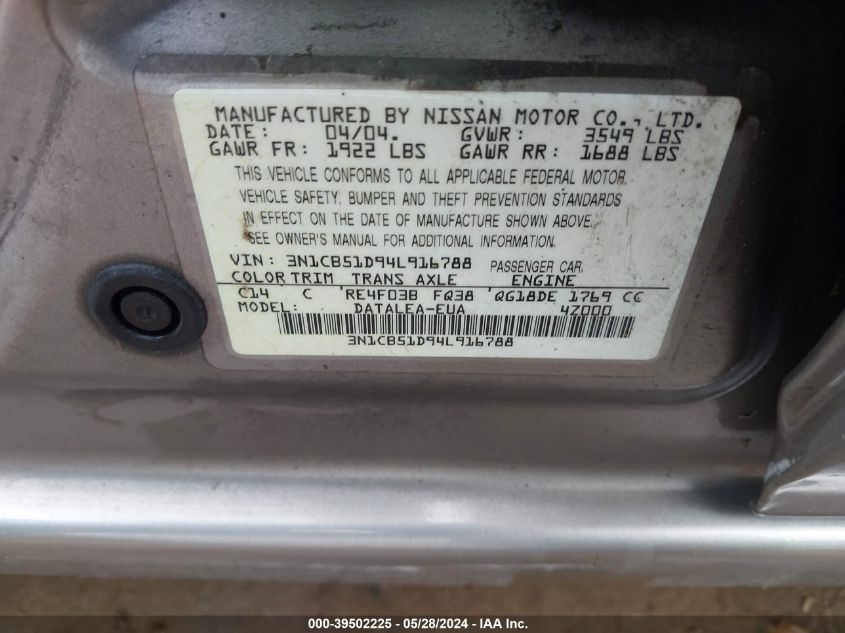 2004 Nissan Sentra 1.8S VIN: 3N1CB51D94L916788 Lot: 39502225