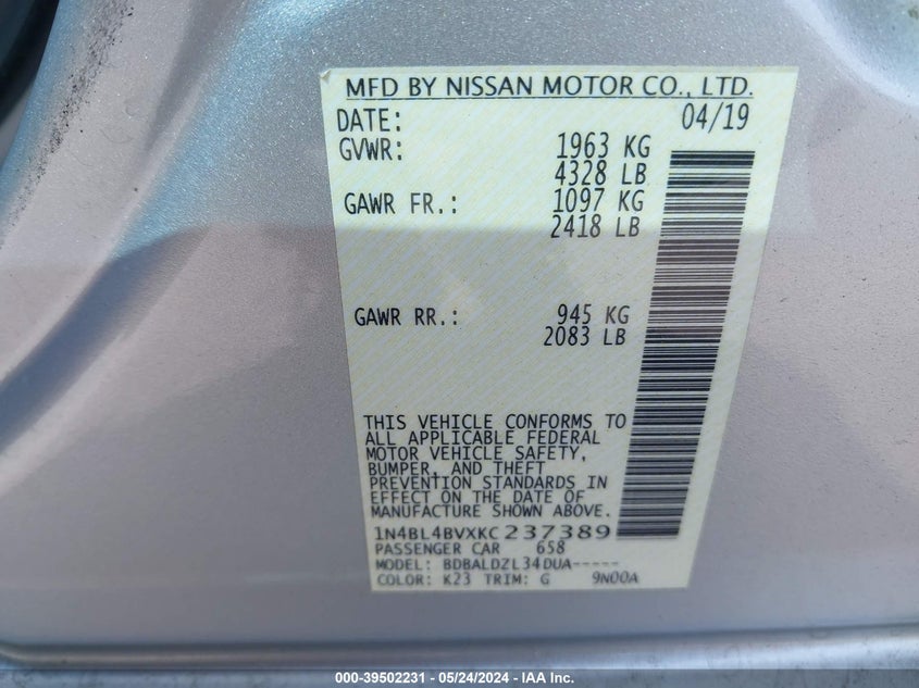 VIN 1N4BL4BVXKC237389 2019 NISSAN ALTIMA S