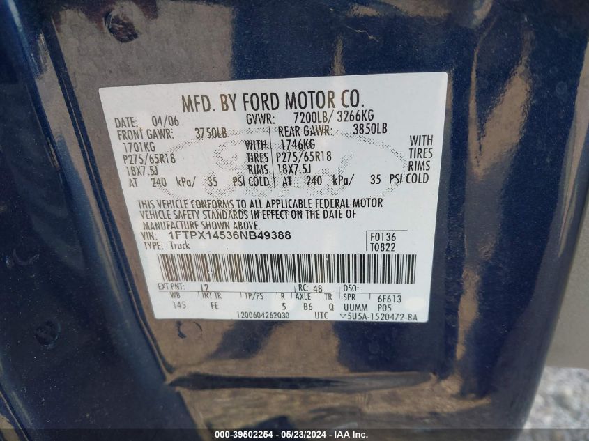 2006 Ford F-150 VIN: 1FTPX14536NB49388 Lot: 39502254
