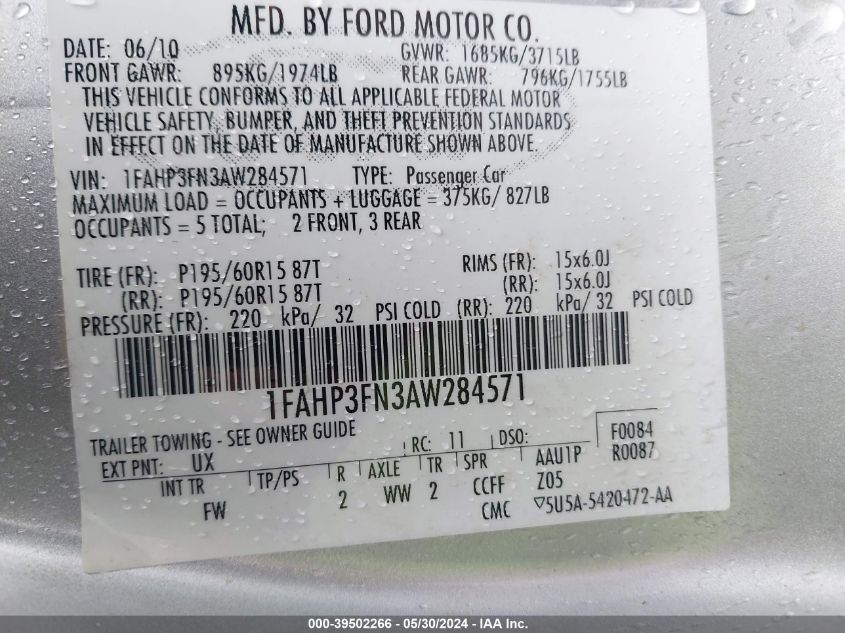 2010 Ford Focus Se VIN: 1FAHP3FN3AW284571 Lot: 39502266