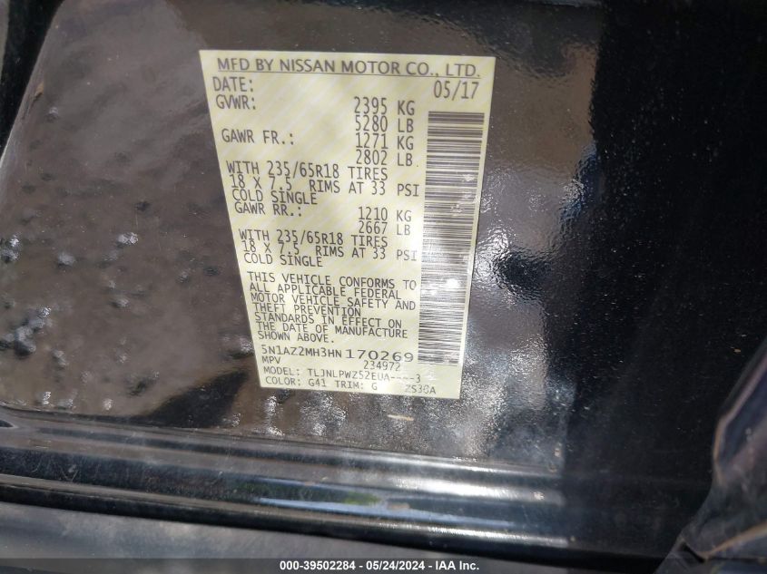 2017 Nissan Murano S VIN: 5N1AZ2MH3HN170269 Lot: 39502284