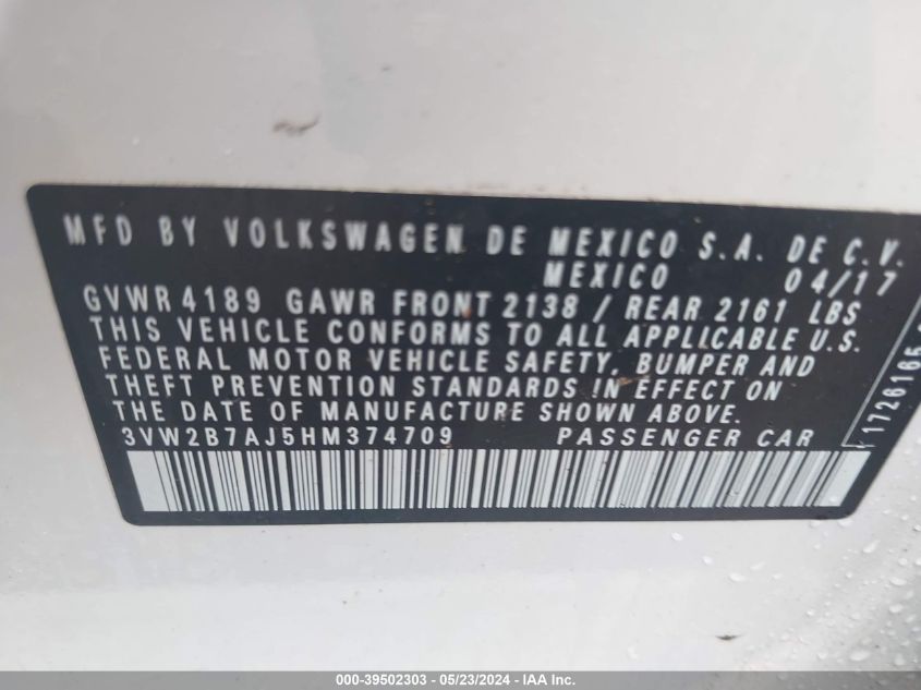 VIN 3VW2B7AJ5HM374709 2017 Volkswagen Jetta, 1.4T S no.9