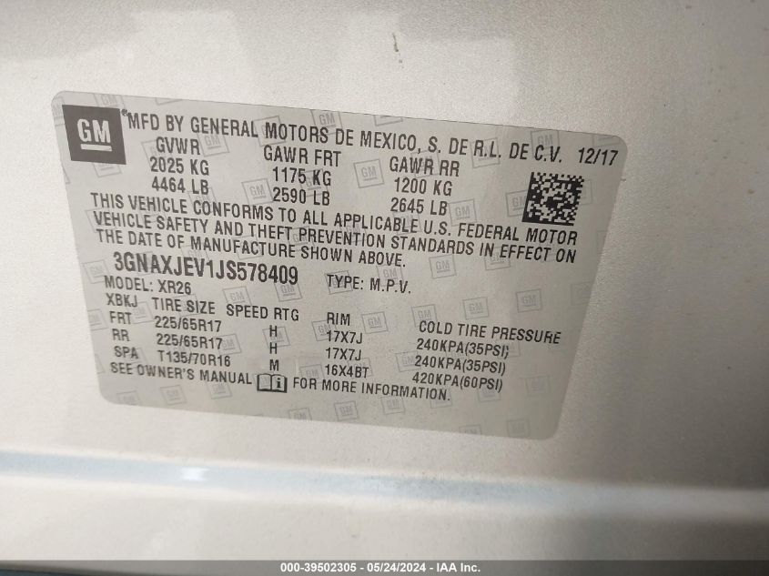 2018 Chevrolet Equinox Lt VIN: 3GNAXJEV1JS578409 Lot: 39502305