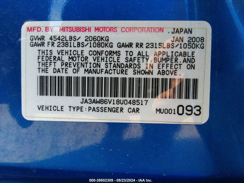 2008 Mitsubishi Lancer Evolution Gsr VIN: JA3AW86V18U048517 Lot: 39502309