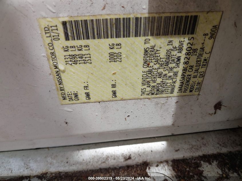 2011 Nissan Maxima 3.5 S VIN: 1N4AA5APXBC828025 Lot: 39502319