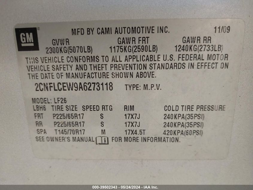 2010 Chevrolet Equinox Ls VIN: 2CNFLCEW9A6273118 Lot: 39502343