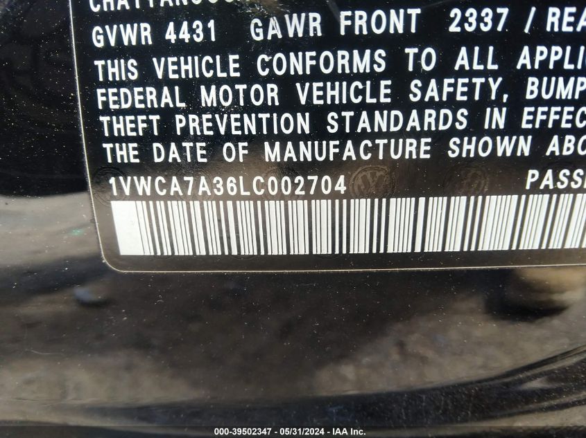 2020 Volkswagen Passat 2.0T Sel VIN: 1VWCA7A36LC002704 Lot: 39502347