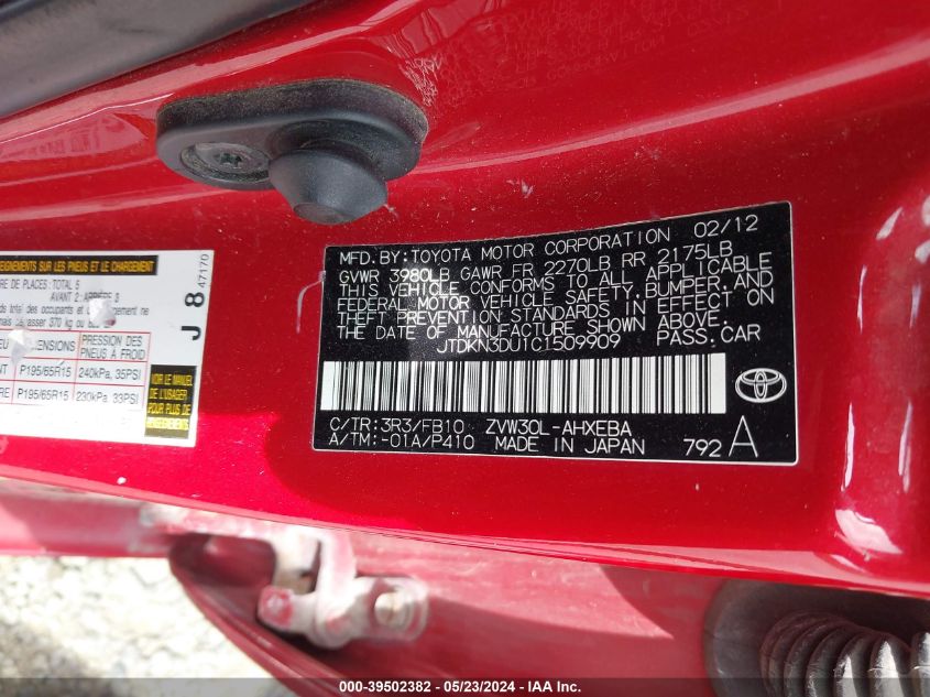 2012 Toyota Prius Three VIN: JTDKN3DU1C1509909 Lot: 39502382