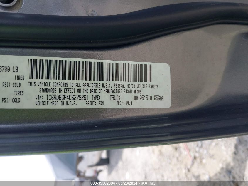 2012 Ram 1500 Slt VIN: 1C6RD6GP4CS279261 Lot: 39502394