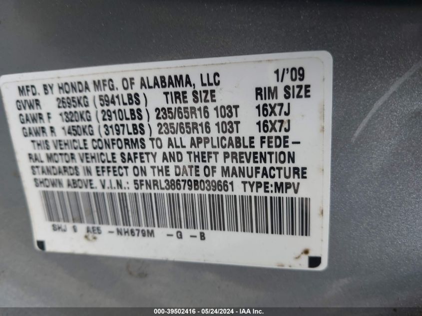 2009 Honda Odyssey Ex-L VIN: 5FNRL38679B039661 Lot: 39502416