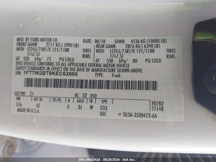 2019 Ford F-250 Xl VIN: 1FT7W2BT8KEC62600 Lot: 39502425