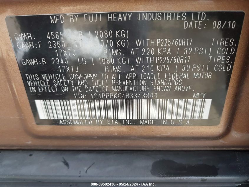 2011 Subaru Outback 2.5I Limited VIN: 4S4BRBKC4B3343800 Lot: 39502436