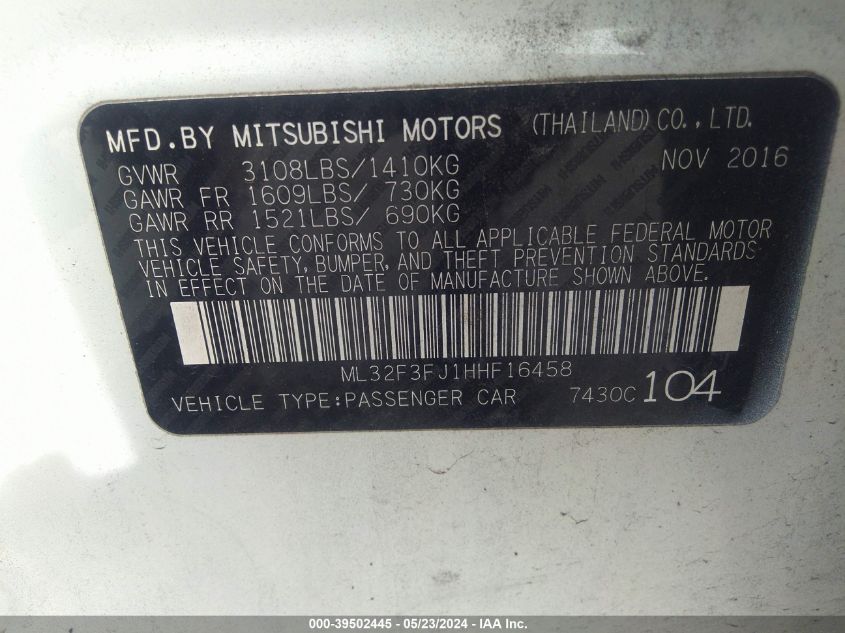 2017 Mitsubishi Mirage G4 Es VIN: ML32F3FJ1HHF16458 Lot: 39502445