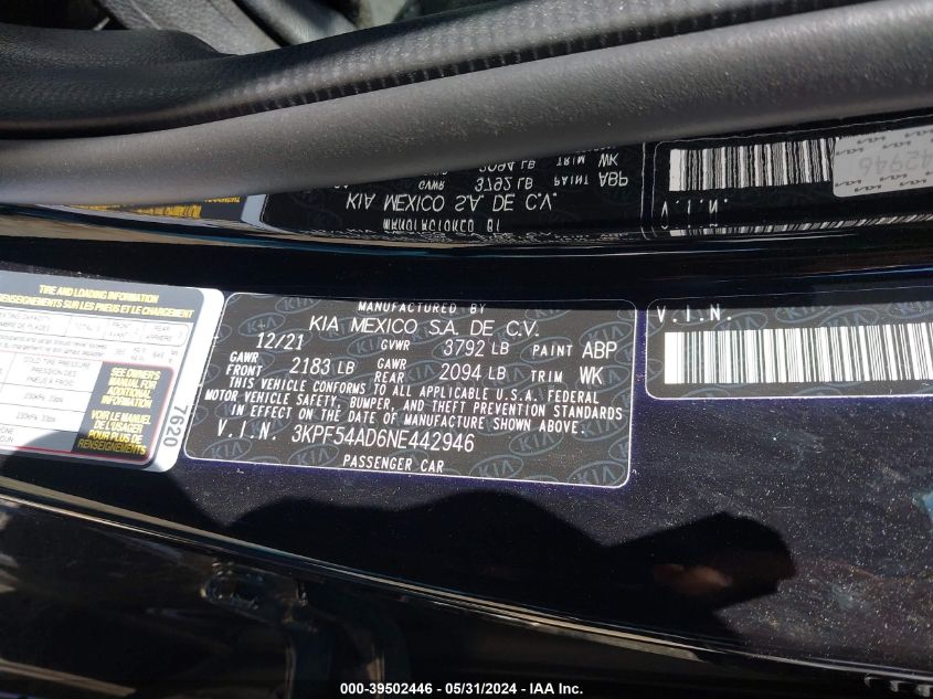 2022 Kia Forte Gt-Line VIN: 3KPF54AD6NE442946 Lot: 39502446