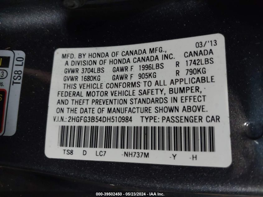 2HGFG3B54DH510984 | 2013 HONDA CIVIC