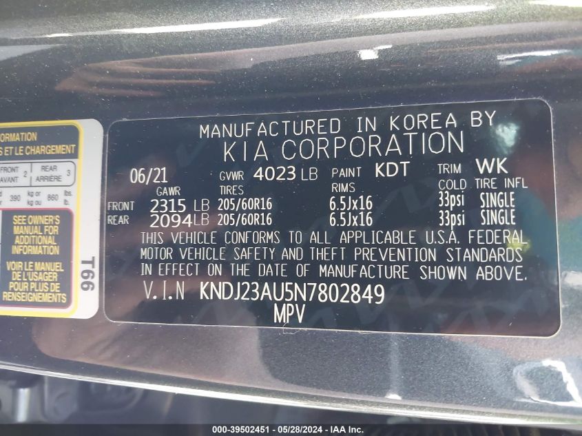 2022 Kia Soul S VIN: KNDJ23AU5N7802849 Lot: 39502451