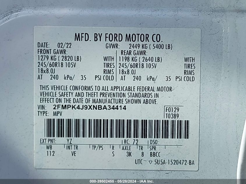 2022 Ford Edge Sel VIN: 2FMPK4J9XNBA34414 Lot: 39502455