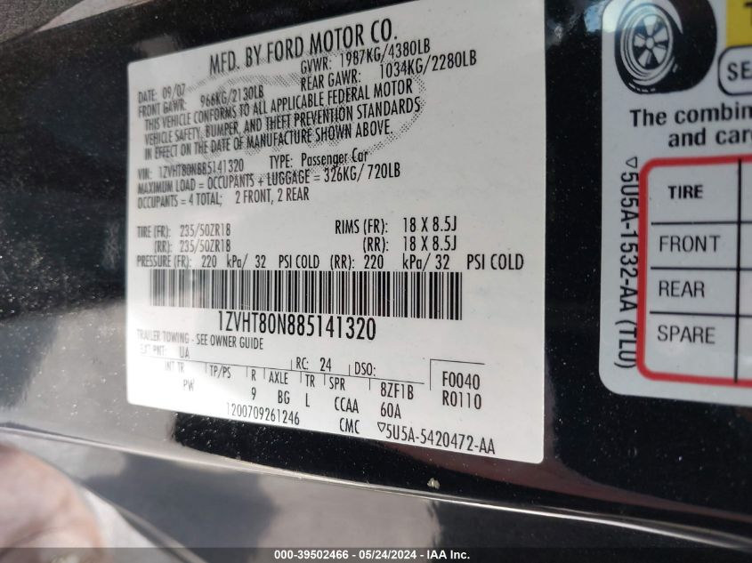 2008 Ford Mustang V6 Deluxe/V6 Premium VIN: 1ZVHT80N885141320 Lot: 39502466
