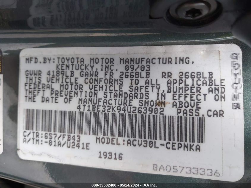 2004 Toyota Camry Le VIN: 4T1BE32K94U263902 Lot: 39502480