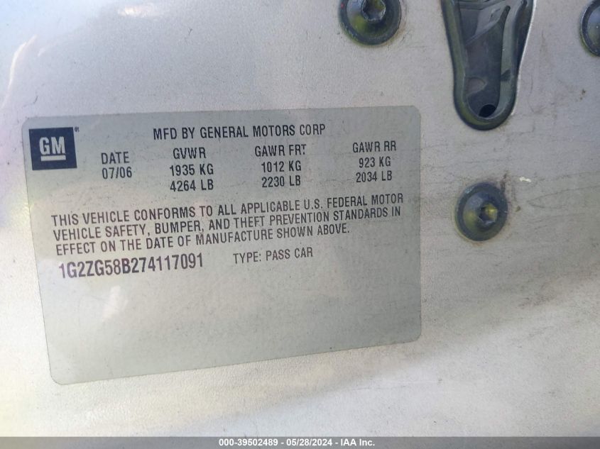 2007 Pontiac G6 Se VIN: 1G2ZG58B274117091 Lot: 39502489