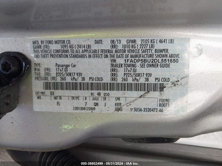 2013 Ford C-Max Hybrid Sel VIN: 1FADP5BU2DL551650 Lot: 39502499