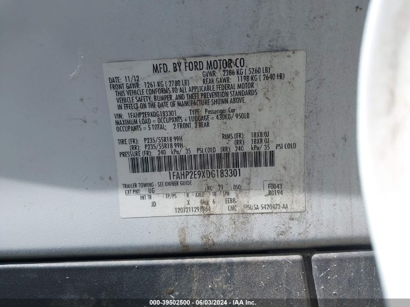 2013 Ford Taurus Sel VIN: 1FAHP2E9XDG183301 Lot: 39502500