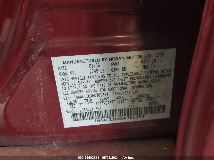 1N4AL11DX6N365354 2006 Nissan Altima 2.5 S