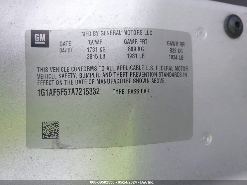 2010 Chevrolet Cobalt Lt VIN: 1G1AF5F57A7215332 Lot: 39502530