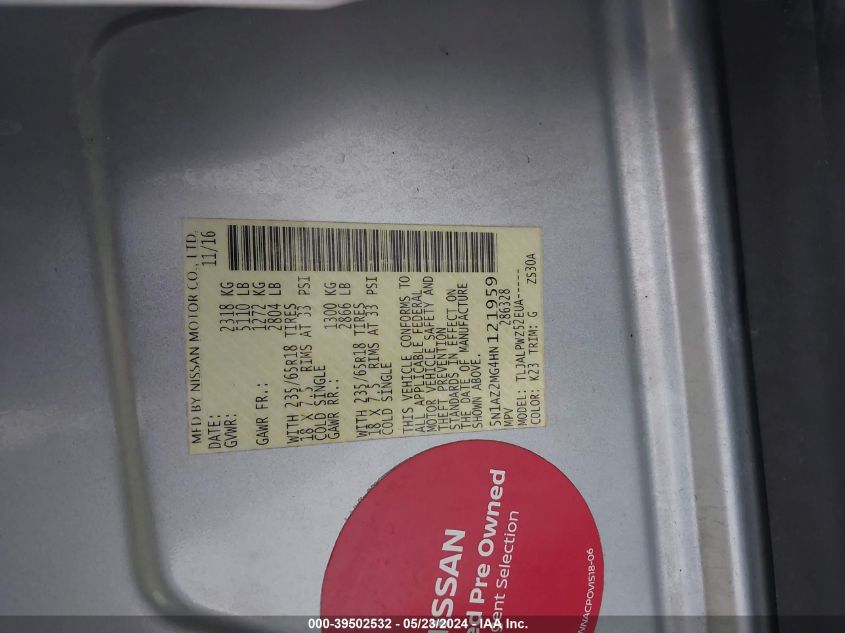 2017 Nissan Murano S VIN: 5N1AZ2MG4HN121959 Lot: 39502532
