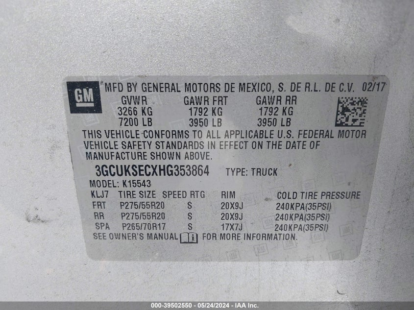 2017 Chevrolet Silverado 1500 2Lz VIN: 3GCUKSECXHG353864 Lot: 39502550