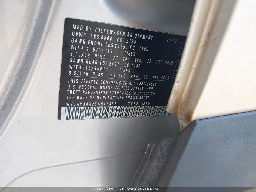 2014 Volkswagen Tiguan S VIN: WVGAV3AX2EW546852 Lot: 39502553