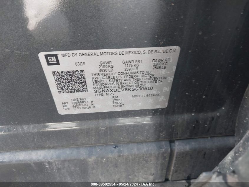 2019 Chevrolet Equinox Lt VIN: 3GNAXUEV6KS630510 Lot: 39502554