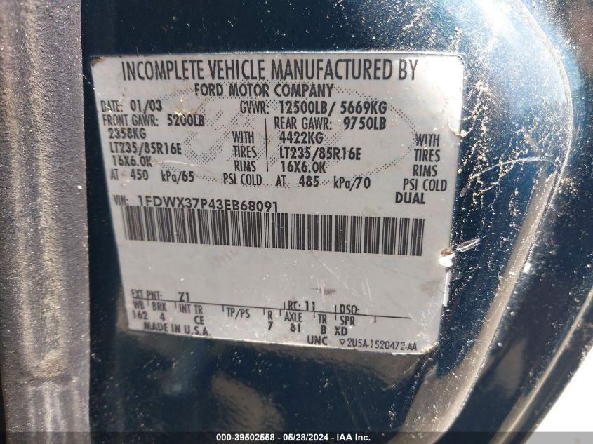 2003 Ford F-350 Lariat/Xl/Xlt VIN: 1FDWX37P43EB68091 Lot: 39502558