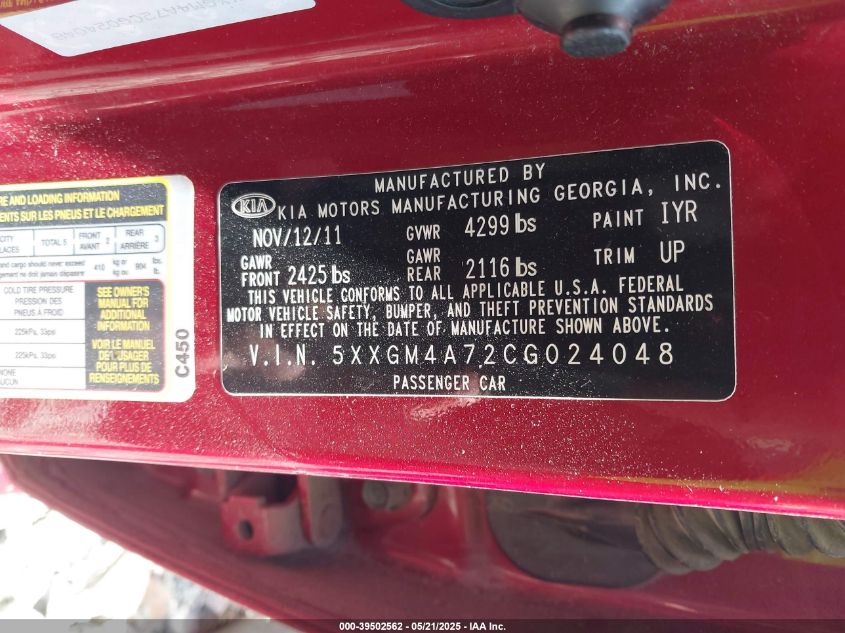 2012 Kia Optima Lx VIN: 5XXGM4A72CG024048 Lot: 39502562