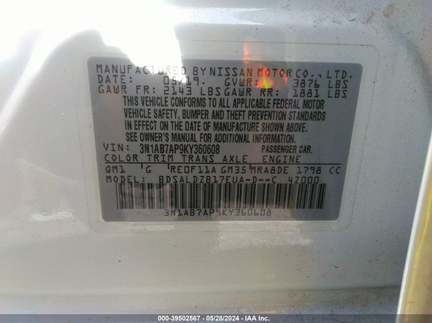 3N1AB7AP9KY360608 2019 Nissan Sentra Sv