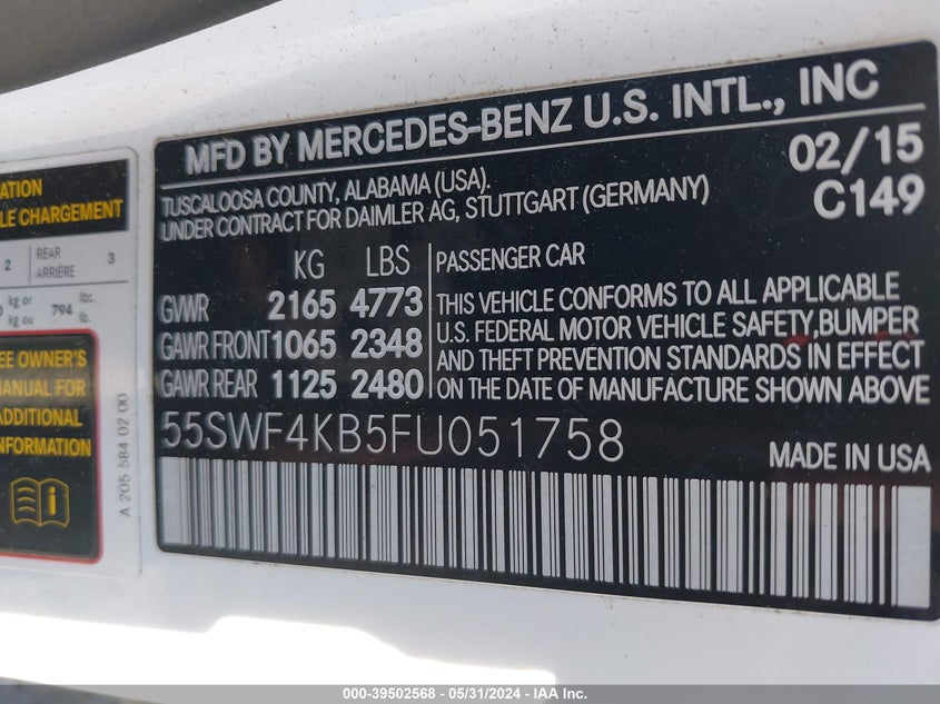 2015 Mercedes-Benz C 300 4Matic/Luxury 4Matic/Sport 4Matic VIN: 55SWF4KB5FU051758 Lot: 39502568