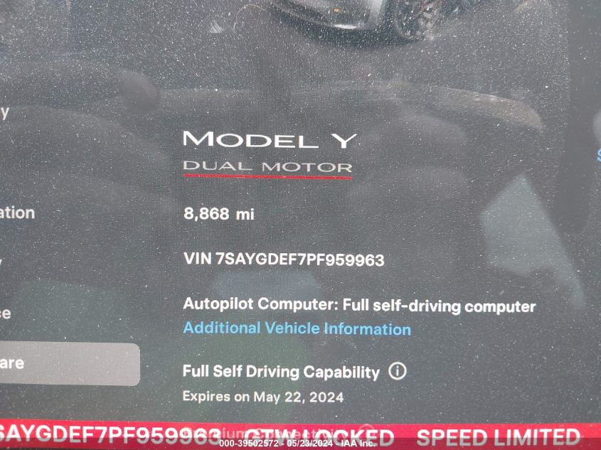 2023 Tesla Model Y Awd/Performance Dual Motor All-Wheel Drive VIN: 7SAYGDEF7PF959963 Lot: 39502572