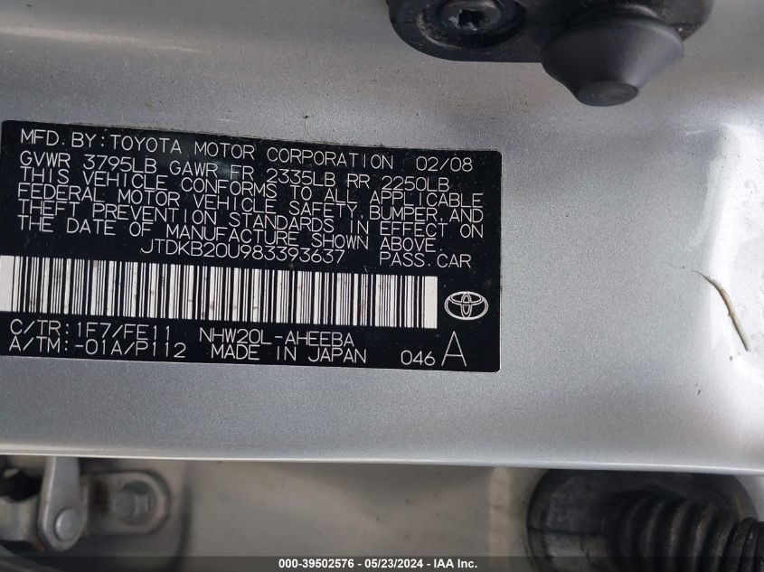 2008 Toyota Prius VIN: JTDKB20U983393637 Lot: 39502576