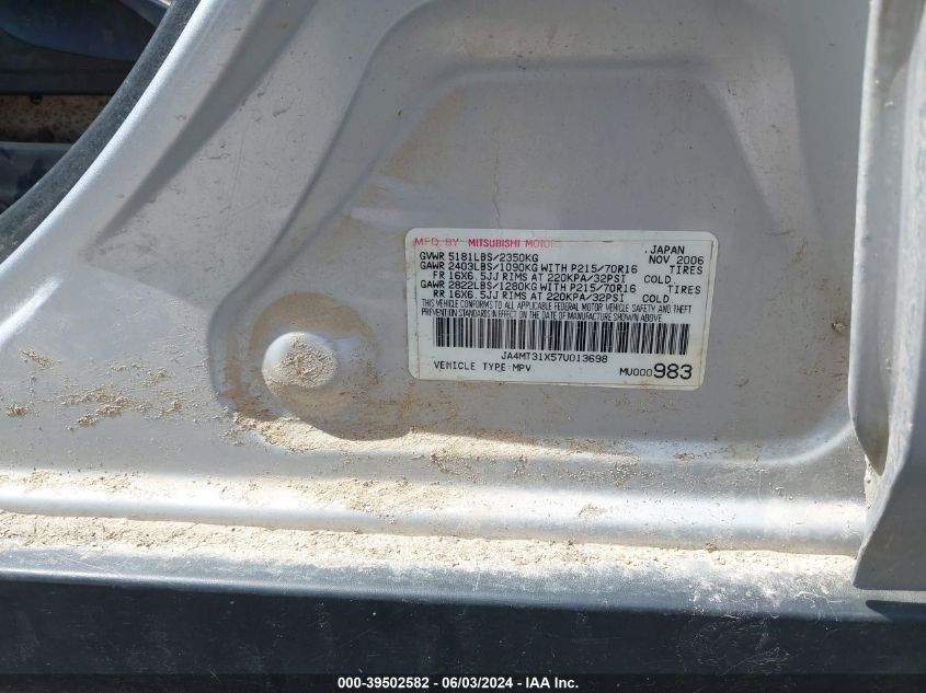 2007 Mitsubishi Outlander Ls VIN: JA4MT31X57U013698 Lot: 39502582