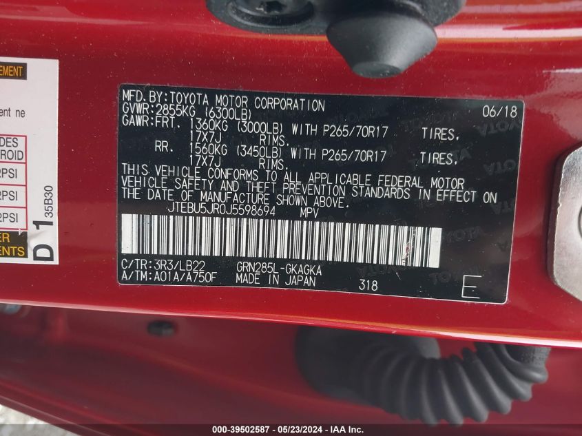 2018 Toyota 4Runner Sr5 Premium VIN: JTEBU5JR0J5598694 Lot: 39502587