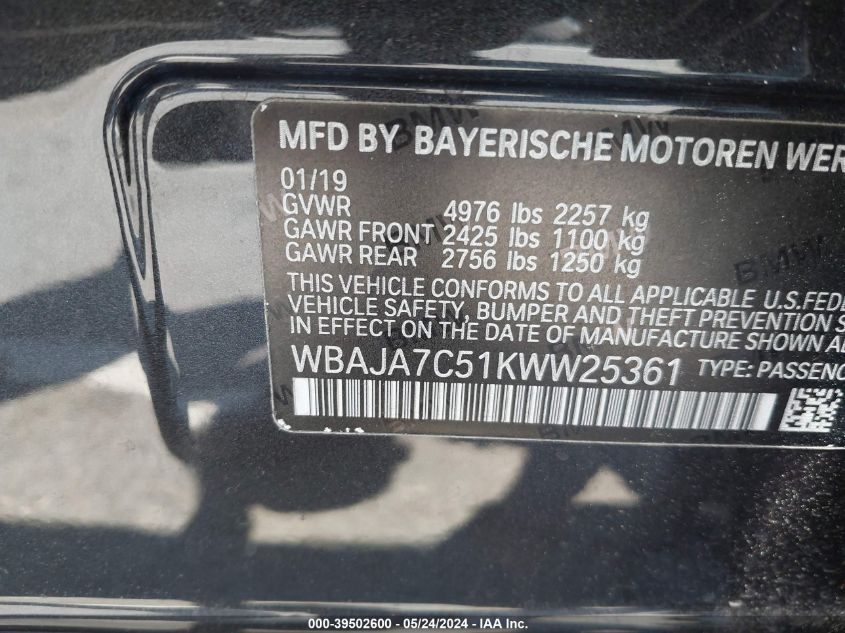 WBAJA7C51KWW25361 2019 BMW 530I xDrive