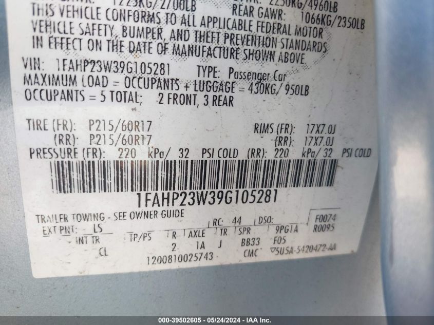 2009 Ford Taurus Se VIN: 1FAHP23W39G105281 Lot: 39502605