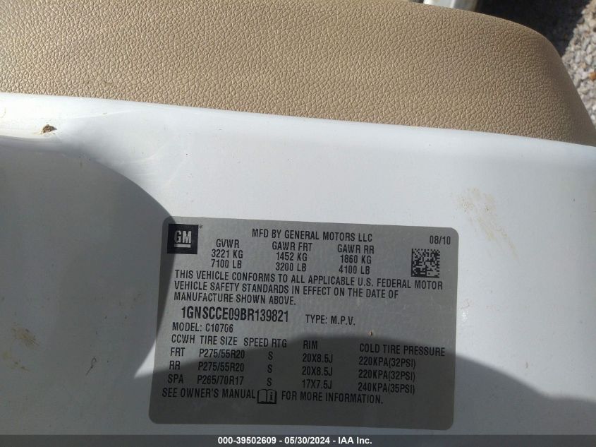 2011 Chevrolet Tahoe Ltz VIN: 1GNSCCE09BR139821 Lot: 39502609