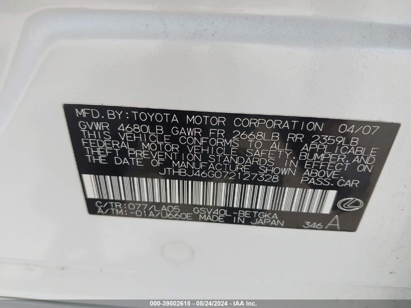 2007 Lexus Es 350 VIN: JTHBJ46G072127328 Lot: 39502615