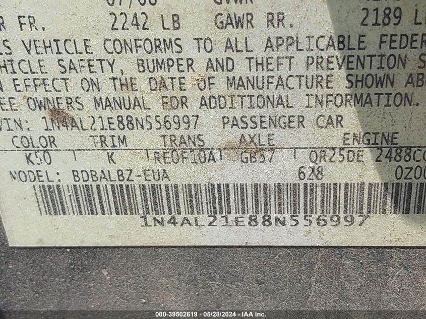 2008 Nissan Altima 2.5 S VIN: 1N4AL21E88N556997 Lot: 39502619