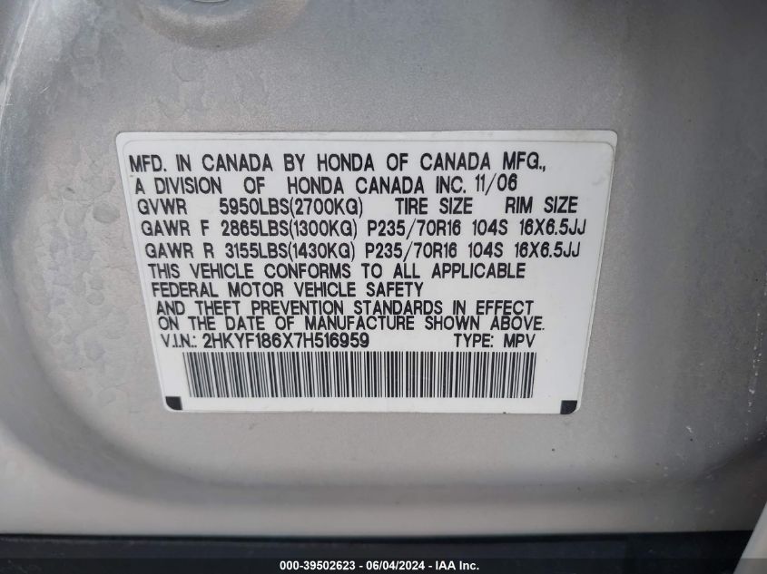 2007 Honda Pilot Ex-L VIN: 2HKYF186X7H516959 Lot: 39502623