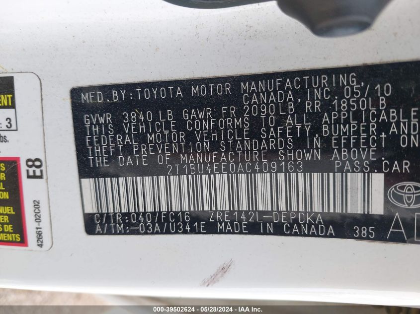 2010 Toyota Corolla Le VIN: 2T1BU4EE0AC409163 Lot: 39502624