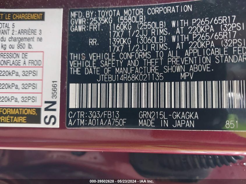 2008 Toyota 4Runner Sport V6 VIN: JTEBU14R68K021135 Lot: 39502628