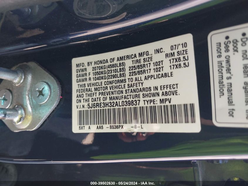 2010 Honda Cr-V Lx VIN: 5J6RE3H32AL039837 Lot: 39502630