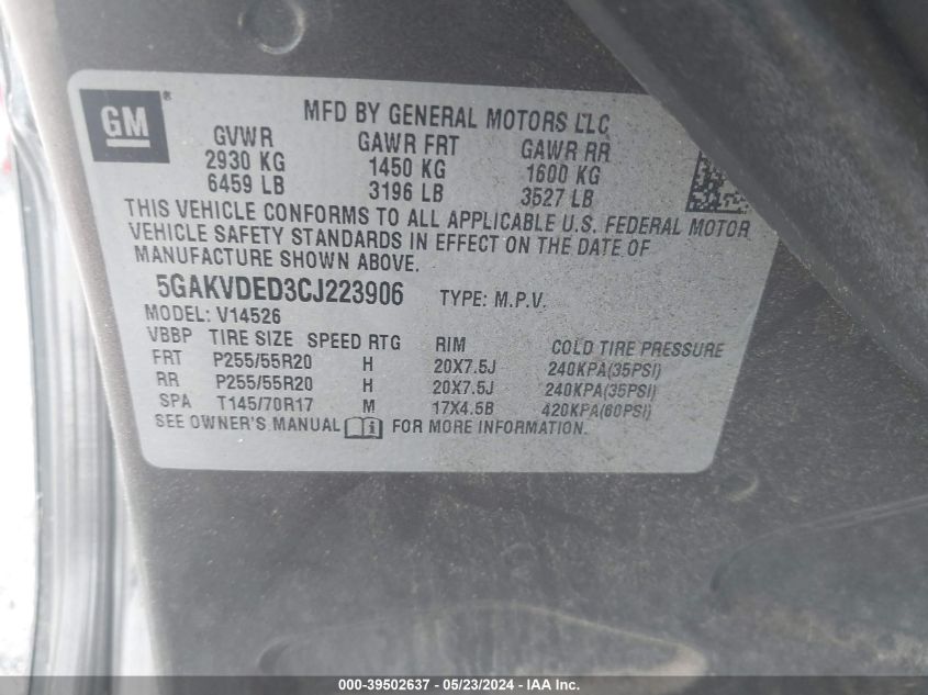 2012 Buick Enclave Premium VIN: 5GAKVDED3CJ223906 Lot: 39502637